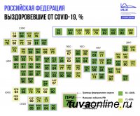 Процент выздоровевших от COVID-19 в объеме от 80-100% в двух третях регионов России. В том числе Туве